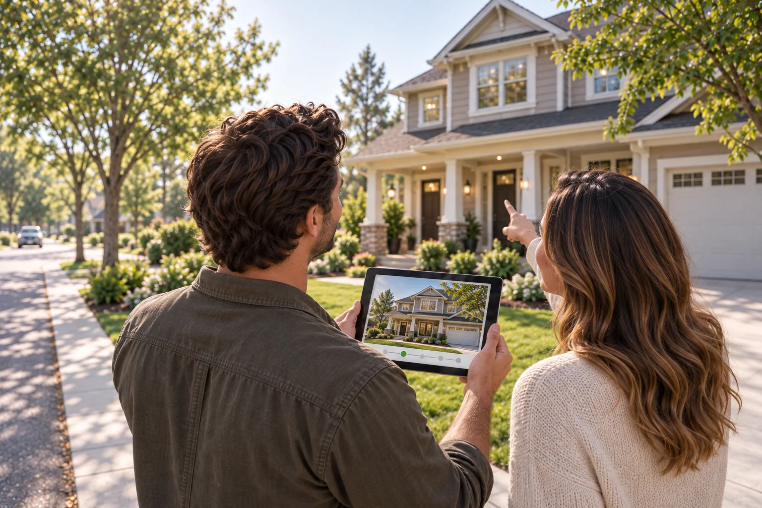 Couple comparing the home ahead with the same finalist shown on their tablet