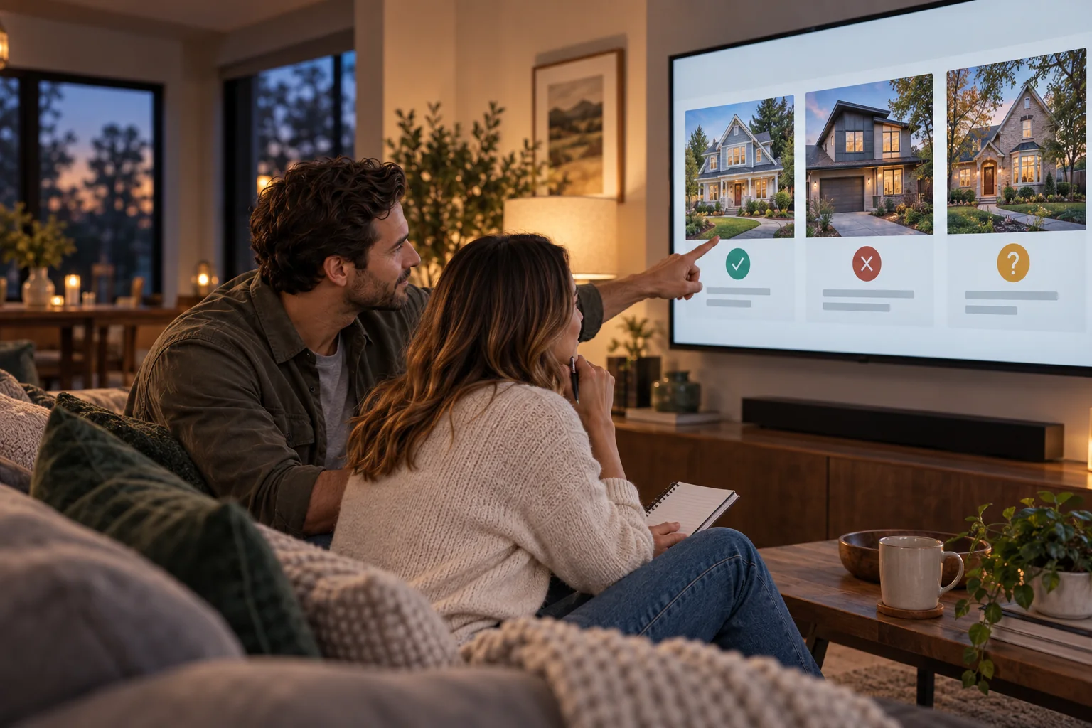 Couple evaluating three candidate homes together on one large screen