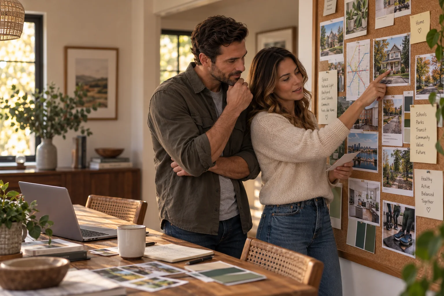 Couple turning home inspiration into shared priorities at a corkboard