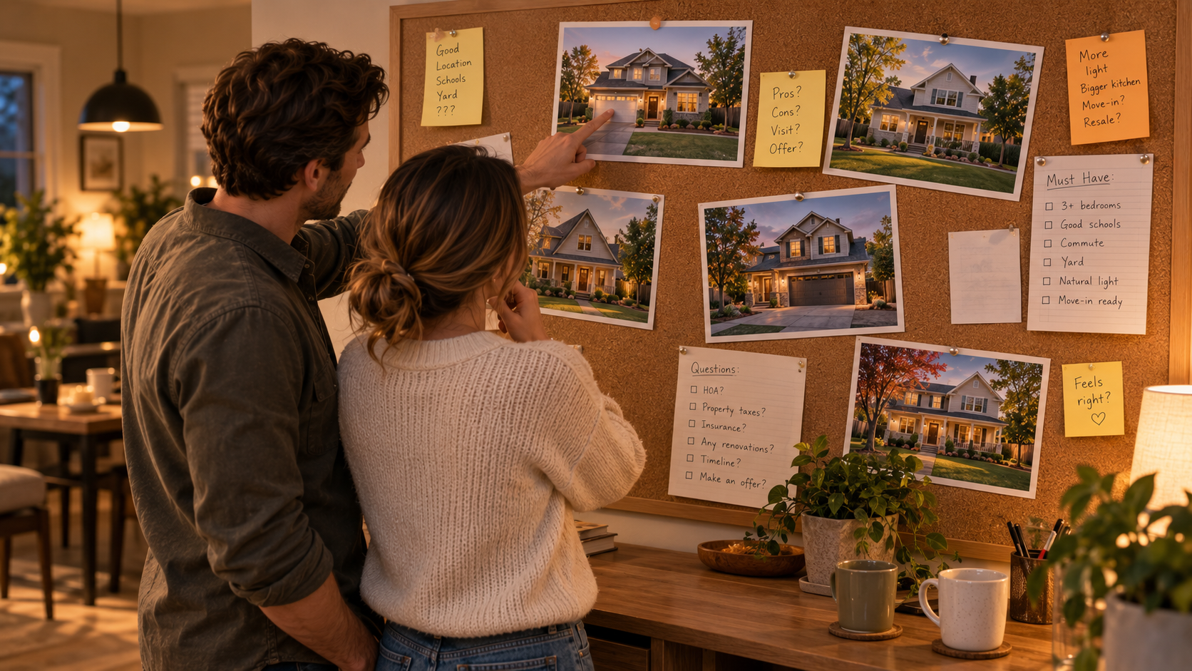 Couple at a corkboard covered in house photos, sticky notes, and a must-have checklist