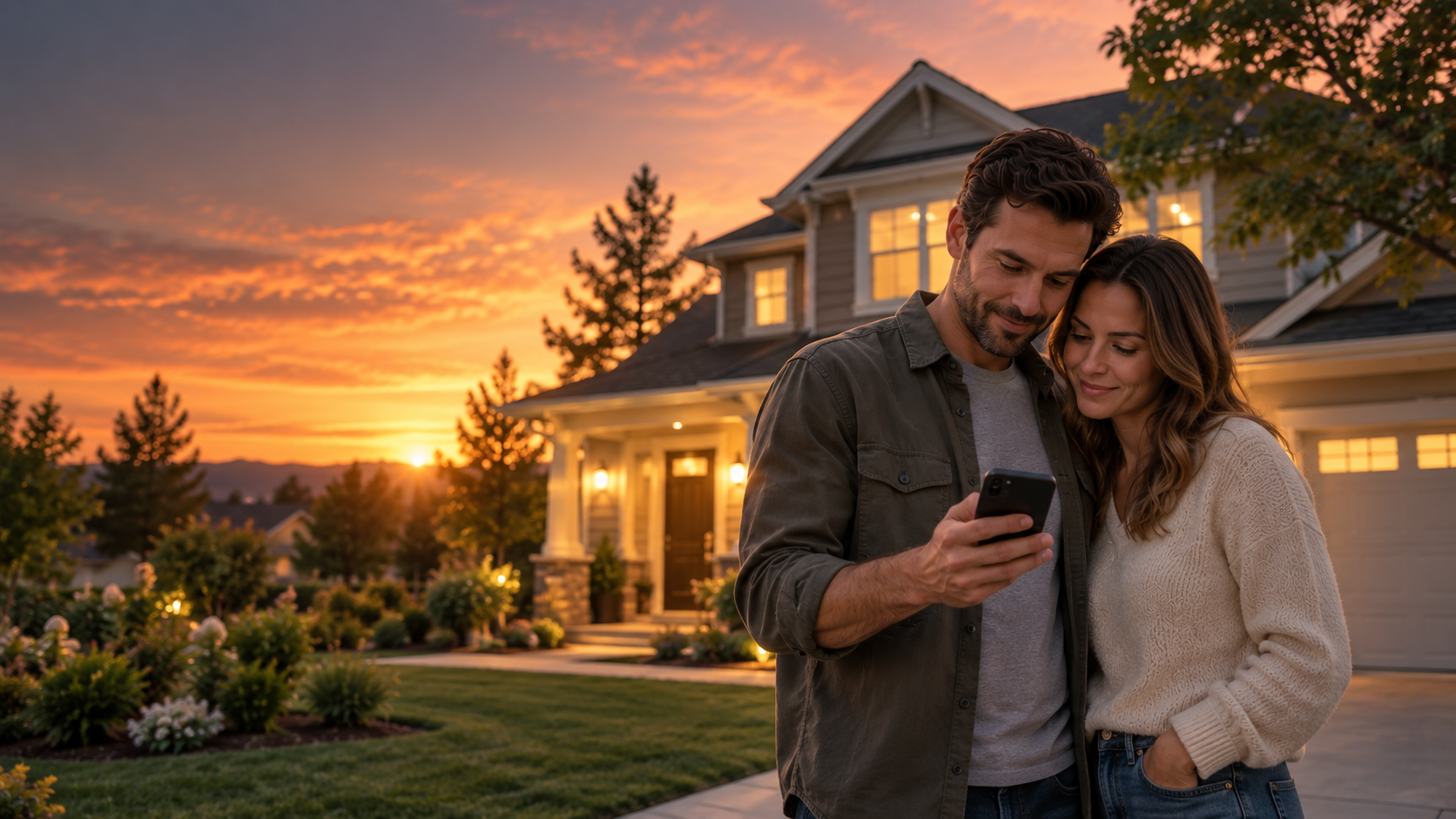 Couple comparing notes in a driveway after a house tour